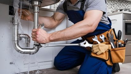 Plumber repairing pipes beneath a sink in Campbell